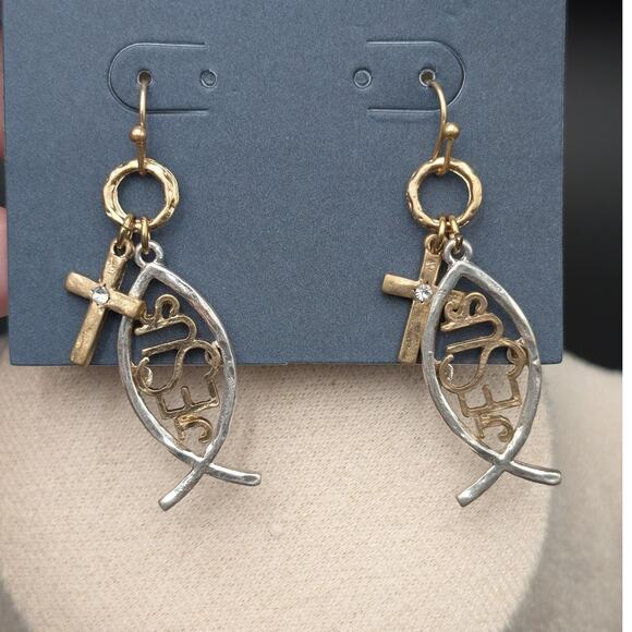 Crave Earrings Jesus Fish Ichthys Cross Dangle Religious Christian Jewelry Gift - Picture 1 of 4